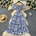 French retro square neck puff sleeve printed dress - women's  summer slimming a-line maxi dress