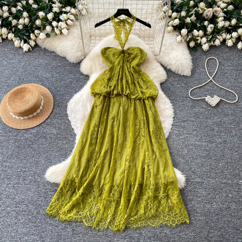 French chic lace cami dress - women's summer elegant high-waisted a-line maxi dress - vacation style