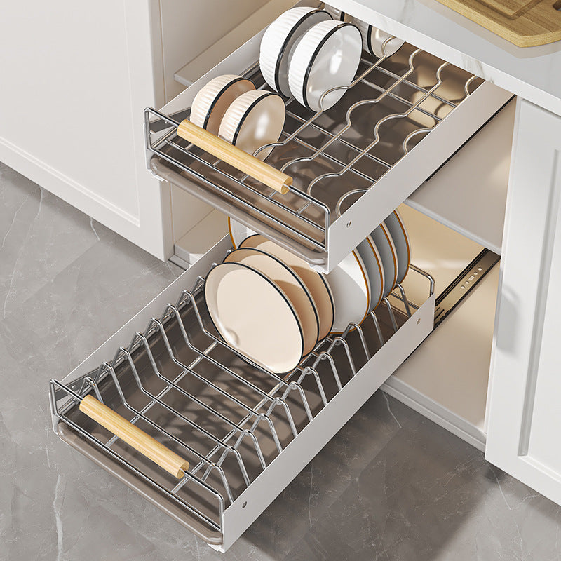 Stainless steel kitchen dish rack guide rail non-punching pumping basket rack cabinet storage tableware dish drain rack