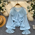 French work clothing style comfortable breathable rufflesshirt women's summerlong sleeves pink girlloosecardigantops
