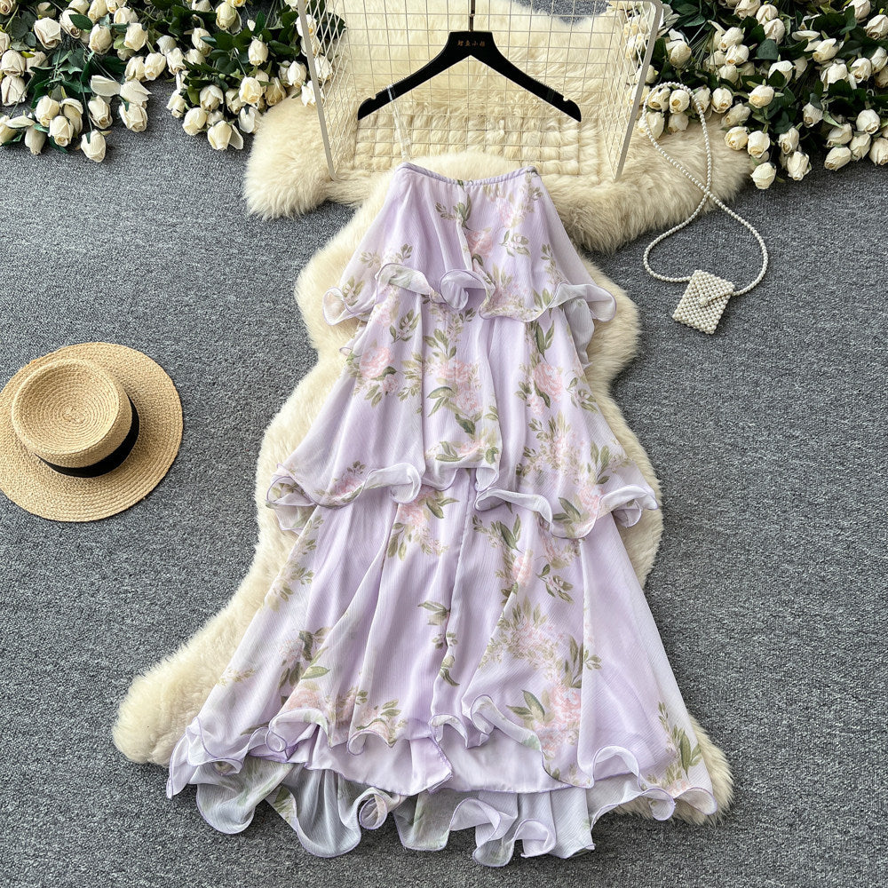 French riviera style purple floral sleeveless dress - women's summer ruffle tiered maxi dress - slimming and elegant