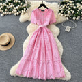 Frenchclassy small fragrant style heavy industry beading round neck short sleeve strap waist cut out crochet lacedress for women