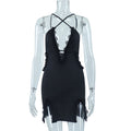 European and american women's clothing cross-border  new style: spaghetti strap, cutout, streetwear lace patchwork, slit, bodycon dress - trendy & sexy