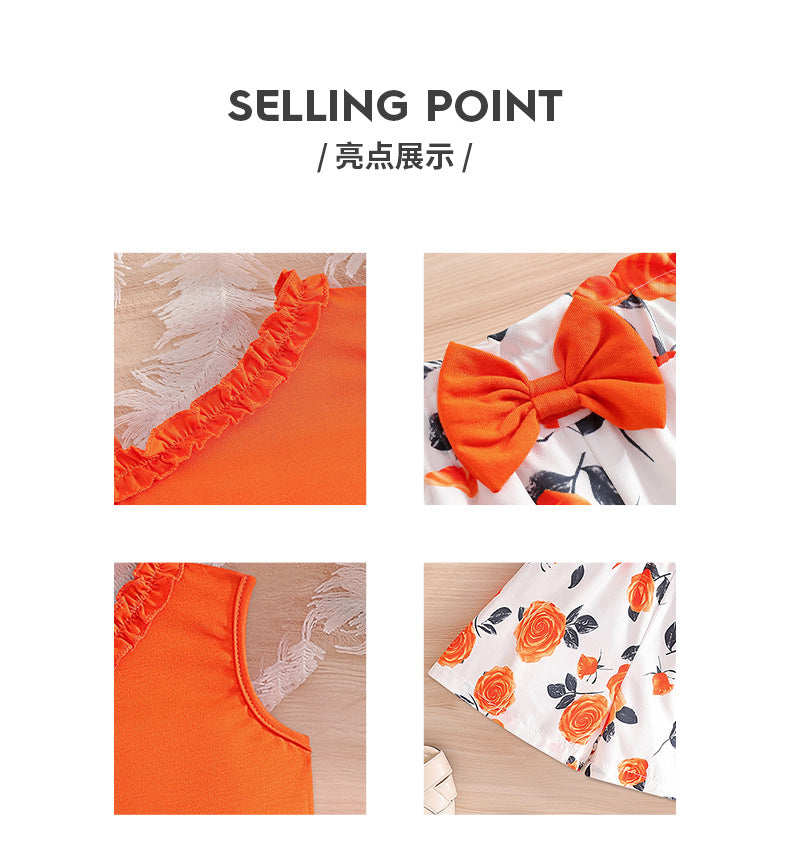 girls' one-shoulder cami set - orange top with lace collar and rose pattern, summer two-piece outfit for kids