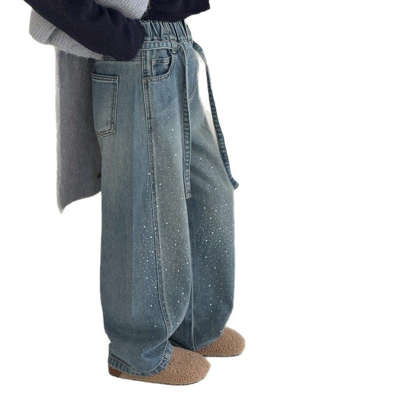 Girls' rhinestone embellished denim pants - spring  new collection - kids' wide-leg cropped jeans - sparkly pants for girls (big kids) - spring apparel