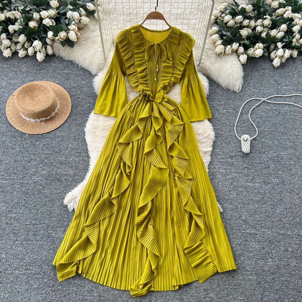 Korean style ruffle trim pleated bow dress - women's long sleeve tie-waist design a-line dress - rose red