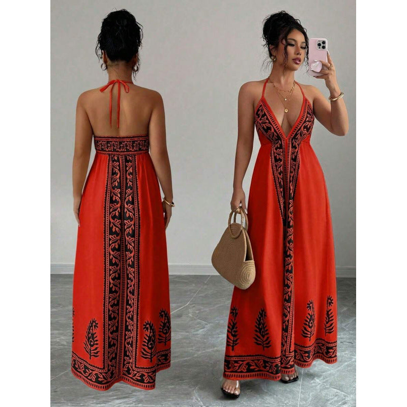 Amazon bohemian chic beach vacation print v-neck backless maxi slip dress