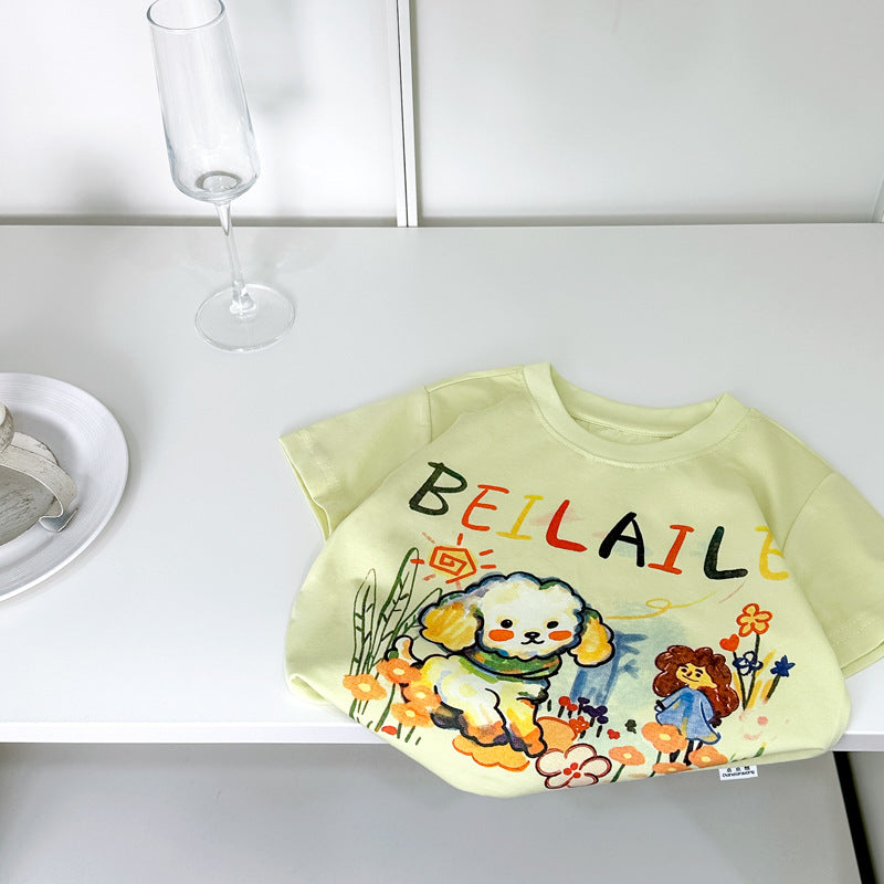 Boys and girls new arrivalsummertopskids cartoon animal short-sleeved t-shirt baby girl k-style foreign style clothes in stock