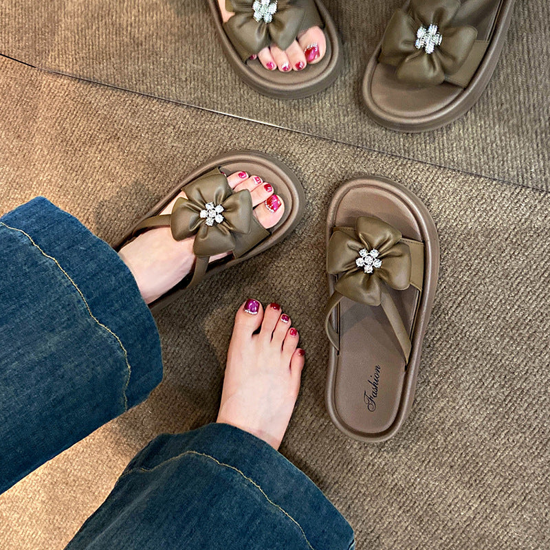 Summer fairy style outdoor slippers - comfortable, versatile, rhinestone clover design, soft sole, fashionable, minimalist, women's platform slippers