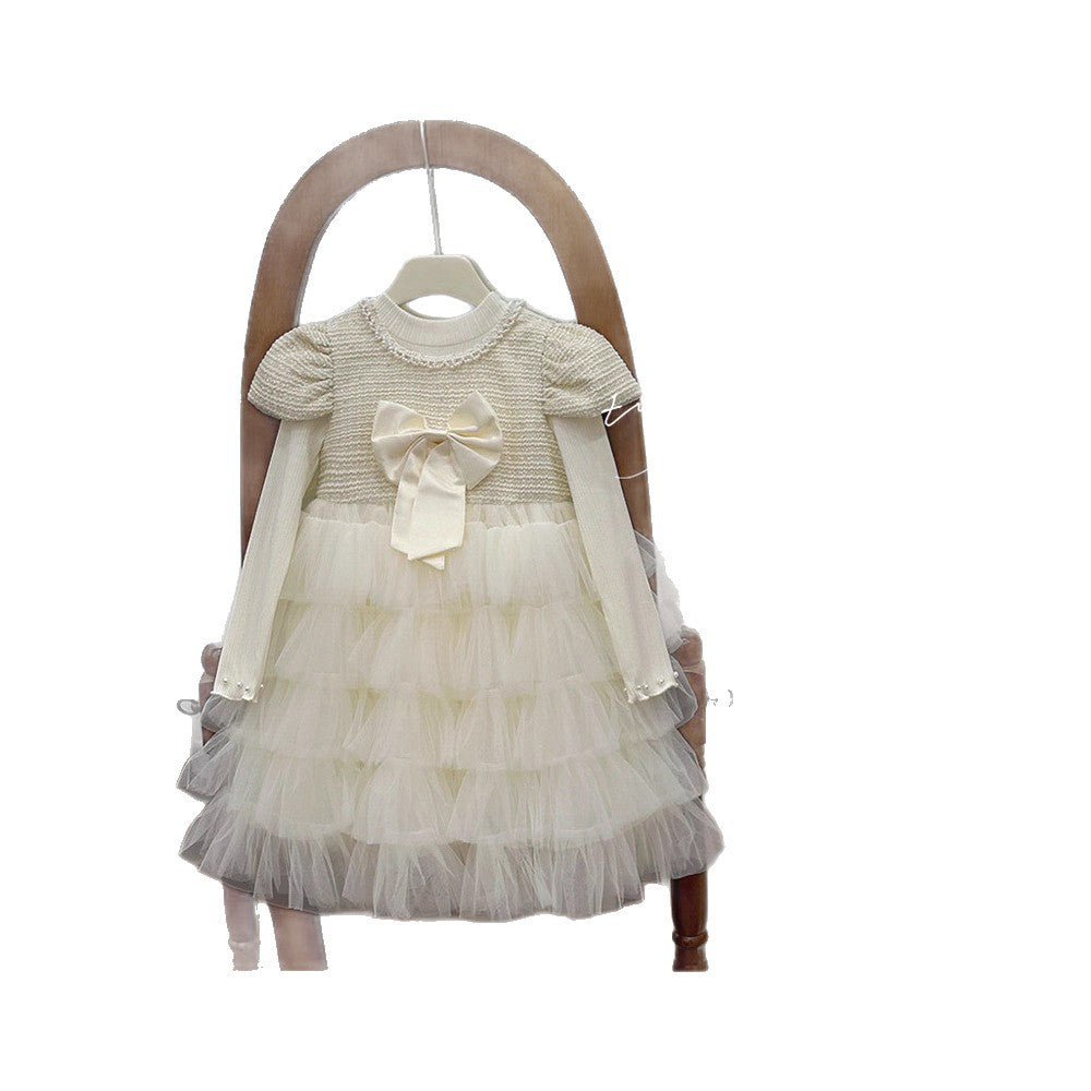 Girls' dress  autumn new style elegant formal dress bowknot mesh skirt flower girl princess dress birthday outfit