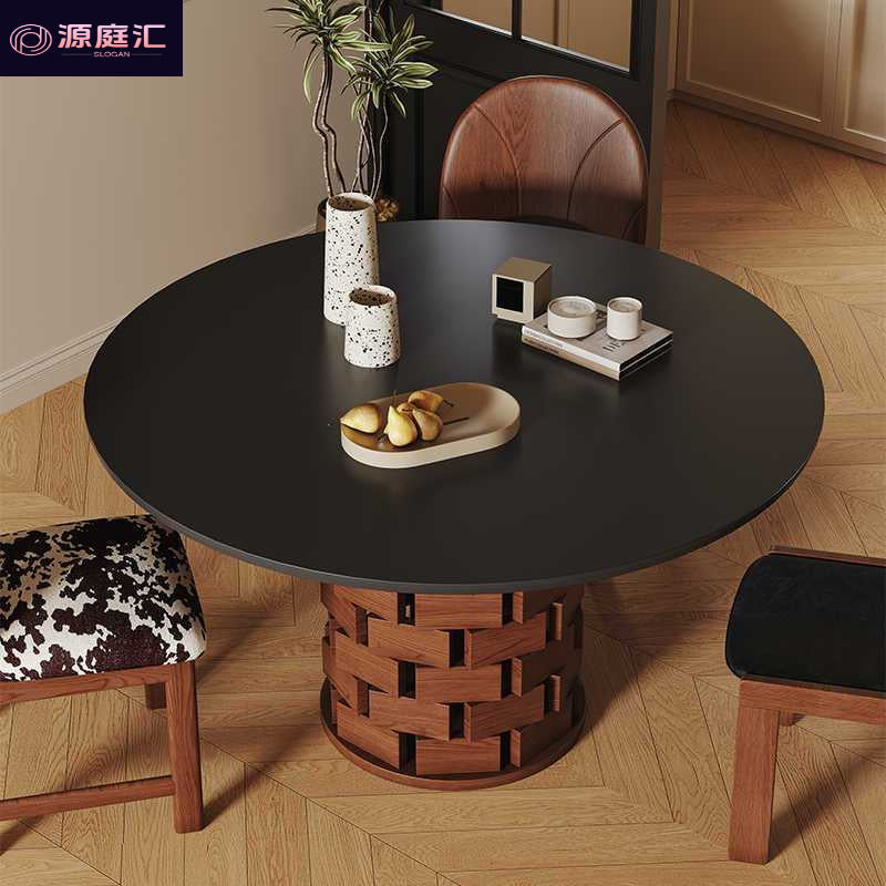 Wabi-sabi style solid wood rock slab vintage black creative round dining table, high-end dining table, french retro dining table