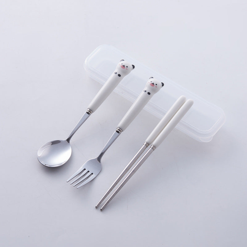 Cartoon portable cutlery set - student fork, spoon, chopsticks, and utensil case travel set - kids' stainless steel fork, spoon, and chopstick set