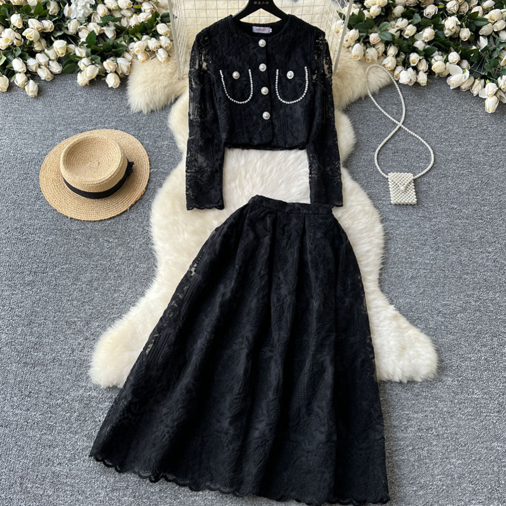 Xiaoxiangfengsuit women's short round neck puff sleeve lacetops high waist large hem skirt women's autumn two-piece set