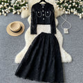 Xiaoxiangfengsuit women's short round neck puff sleeve lacetops high waist large hem skirt women's autumn two-piece set