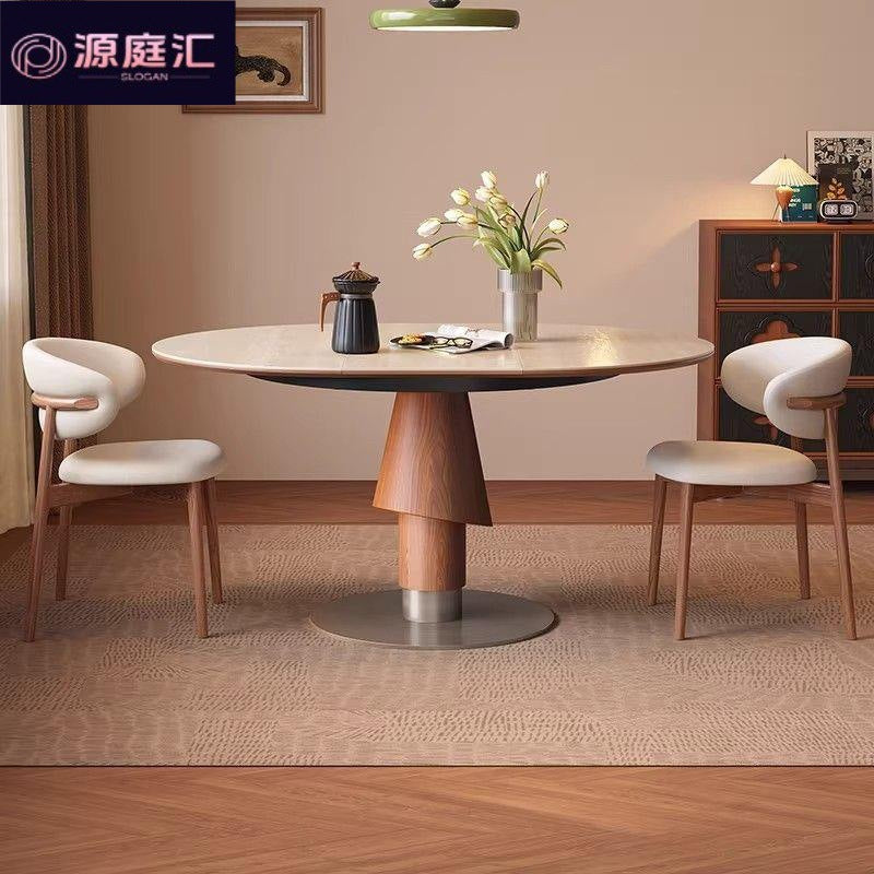 Vintage-style extendable dining table, foldable convertible round table, round travertine rock slab solid wood high-end round table for home use