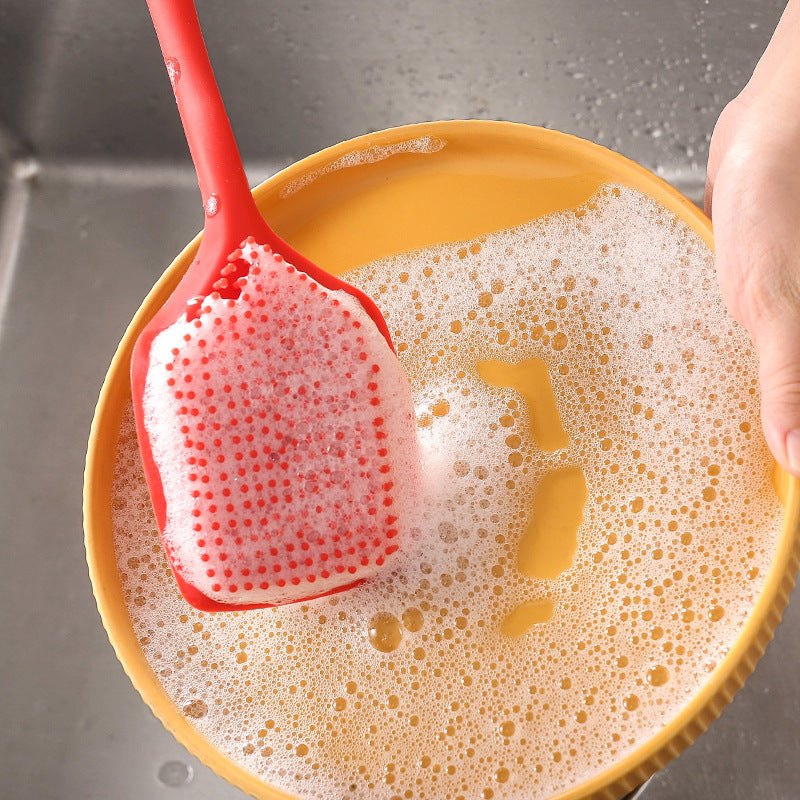 Silicone brush is soft and does not scratch the pot. silicone all-in-one long handle brush. pot washing brush. kitchen decontamination cleaning brush