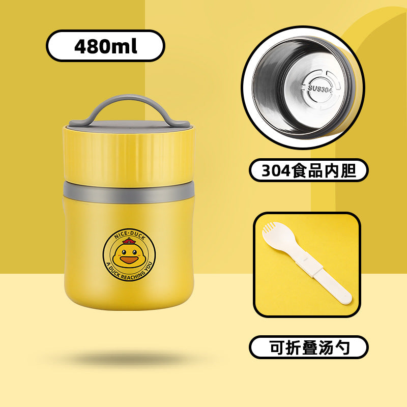 304 stainless steel yellow duck soup cup portable breakfast cup small lunch box bucket with cutlery insulated student lunch box gift