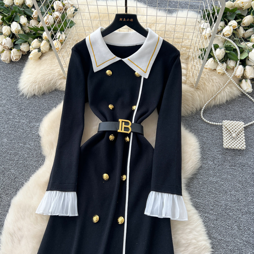 Classy small fragrance fashionablecontrast color lapel long sleeves metal double-breasted waist slimming lookelegantknittingdress