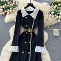 Classy small fragrance fashionablecontrast color lapel long sleeves metal double-breasted waist slimming lookelegantknittingdress
