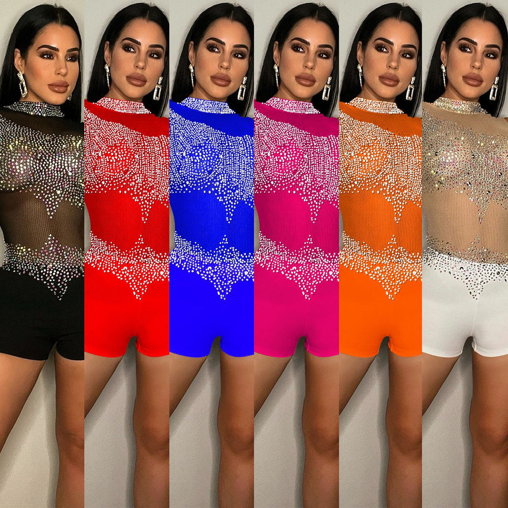 C5841 cross-border new arrival:  fashionable european and american sexy bodycon nightclub one-sleeve mesh see-through jumpsuit for women