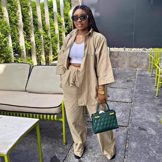 European and American fashion large-size women's clothing solid color casual suit cardigan shirt lace-up trousers African new two-piece set summer