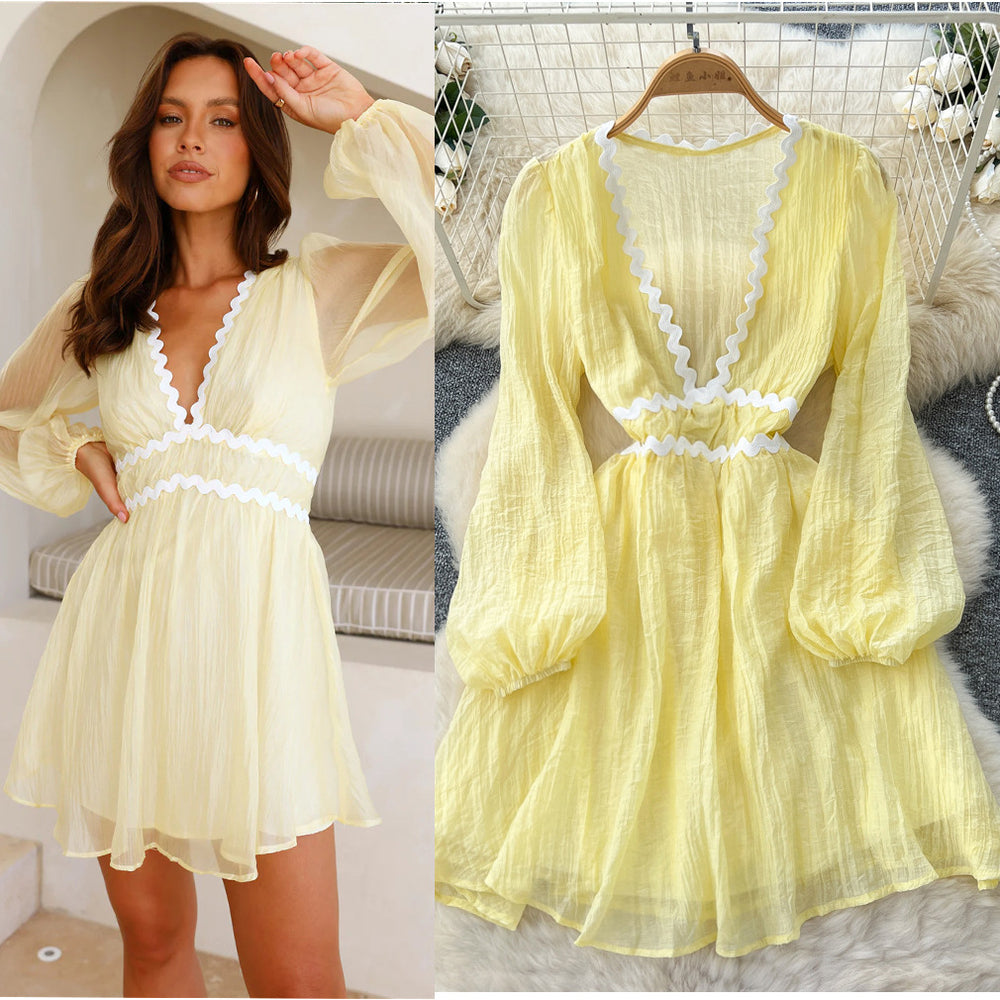 Frenchsexy deep v neck wave edge patchwork waist lantern sleeve dress women's autumslimming looka line vacation skirt