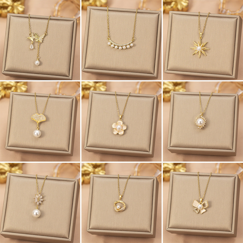 European and american hot-selling fashion zircon pearl necklace for women, lightweight luxury, niche, versatile, elegant, fashionable titanium steel clavicle chain jewelry