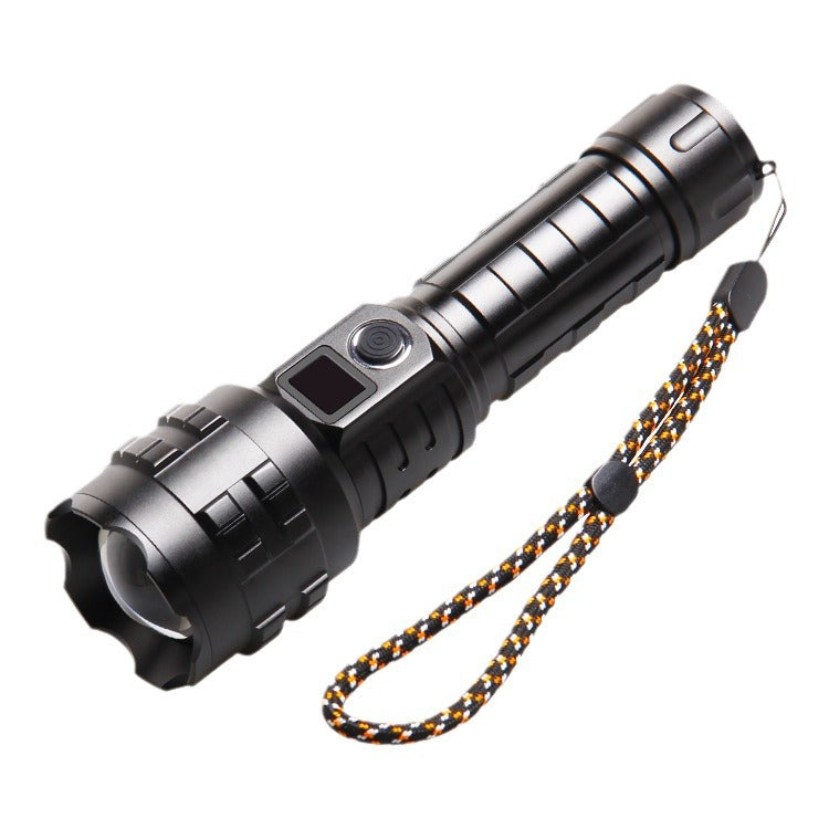 Cross-border new XHP-70 strong light Ttpe-c charging power display safety tail hammer retractable zoom flashlight