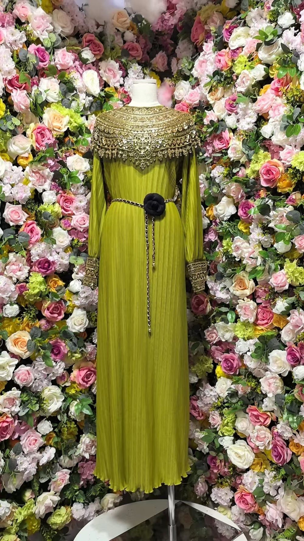 Classy lady style export beading shawl long sleeves pleated loosedress metal belt banquet long dress women