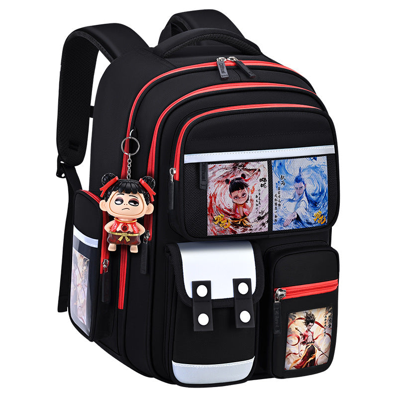 New nezha backpack for boys and girls, grades 1-6: spine protection, lightweight design, and extra-large capacity