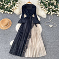Elegant and chic commuter style tie-waist v-neck pleated midi dress - korean style long sleeve slim fit designer maxi dress