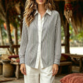 classic vertical striped shirt - white panel placket, turn-down collar, relaxed fit, drop shoulder, versatile long sleeve casual top