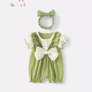 Newborn baby clothes summer thin jumpsuit baby girl forest green edge short-sleeved jumpsuit crawling clothes