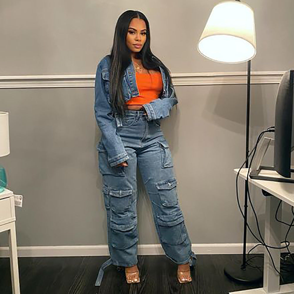 European and american style women's jeans - 's hottest fashion trend: multi-pocket cargo pants, plus size african denim