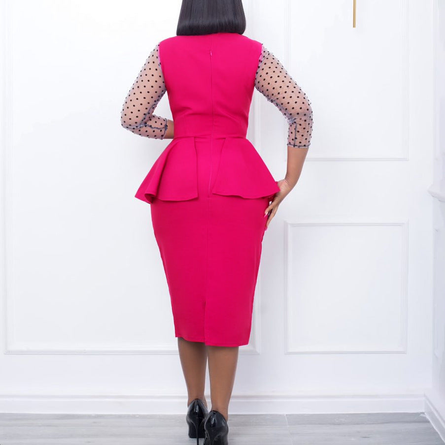 D283 cross-border supply  new temperament commuter mesh splicing v-neck ruffle pencil skirt european and american dress