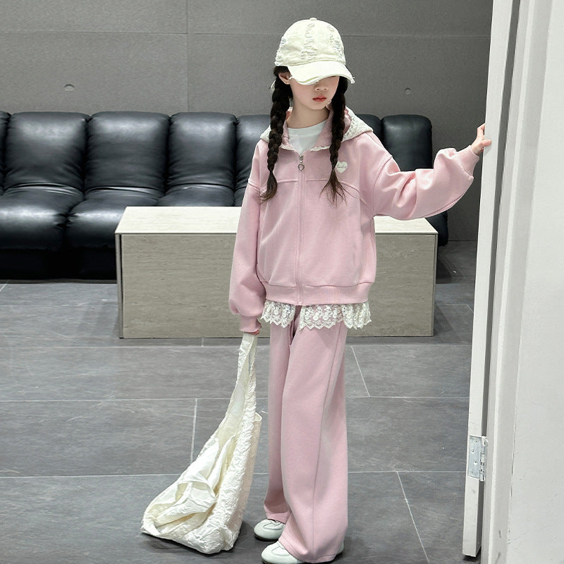 Girls' spring/autumn tracksuit set - stylish hooded wide-leg pants for older girls,  new korean style two-piece outfit