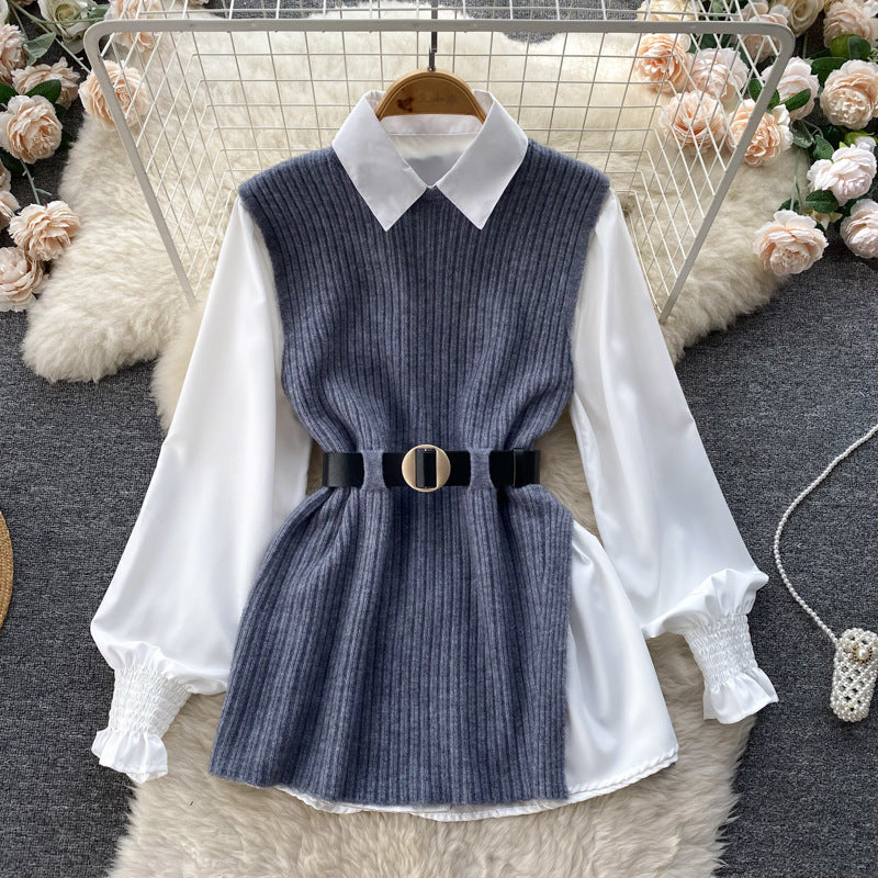 Autumn/winter korean chic socialite style lantern sleeve loose mid-length white shirt knitted vest two-piece set
