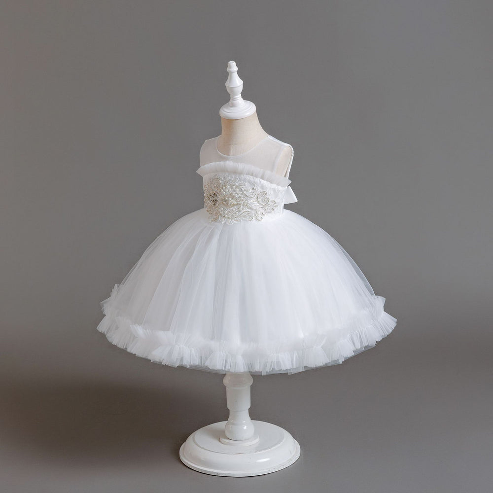 Ready-to-ship new children's formal dress: pearl-embellished tulle princess gown for baby girls, perfect for first birthday photoshoots and special occasions. kids dress