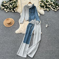 Hong kong style casual set: women's fashionable design, faux two-piece hoodie sweatshirt with high-waisted denim patchwork wide-leg pants