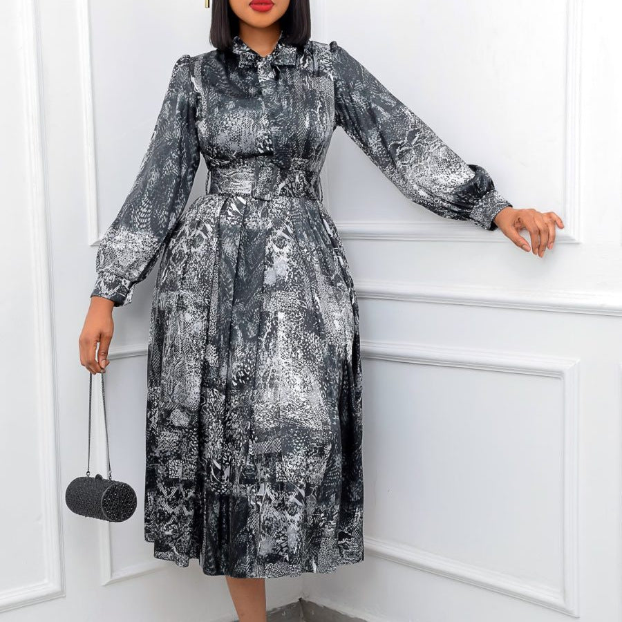 D238 free belt   spring cross-border new long-sleeved high-waisted printed plus size banquet export dress