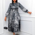 D238 free belt   spring cross-border new long-sleeved high-waisted printed plus size banquet export dress