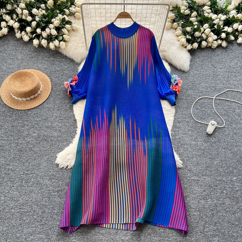 European and american chic gradient print dress - women's loose fit casual 3d floral lantern sleeve pleated maxi dress