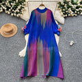 European and american chic gradient print dress - women's loose fit casual 3d floral lantern sleeve pleated maxi dress