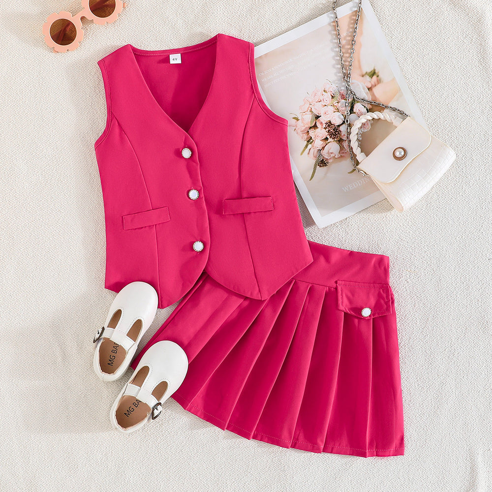 exclusive: girls' preppy summer outfit - red sleeveless vest + pleated skirt, fashionable casual style