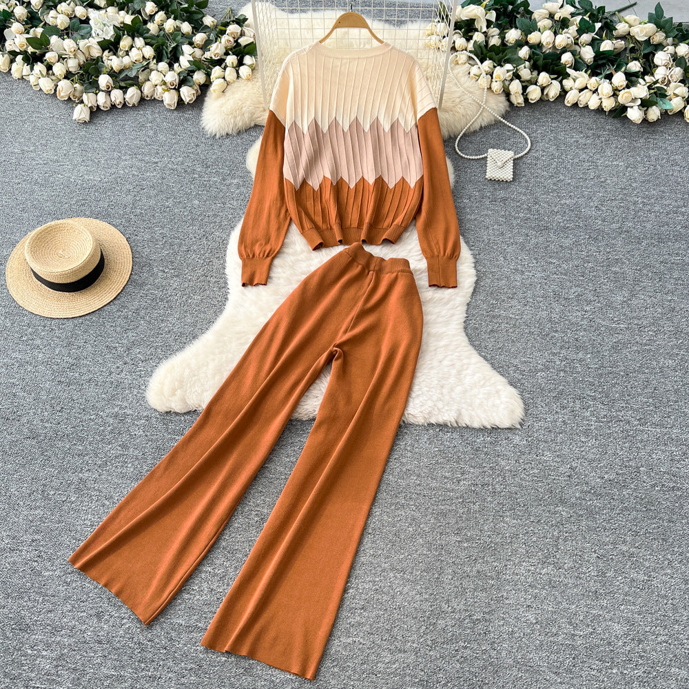Korean style casual fashion color block crew neck long sleeve knit top women's autumn/winter high waist slimming wide leg pants sweater set