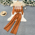 Korean style casual fashion color block crew neck long sleeve knit top women's autumn/winter high waist slimming wide leg pants sweater set