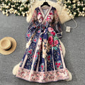 European and american court style vintage v-neck mesh lantern sleeve tie-waist design maxi printed dress