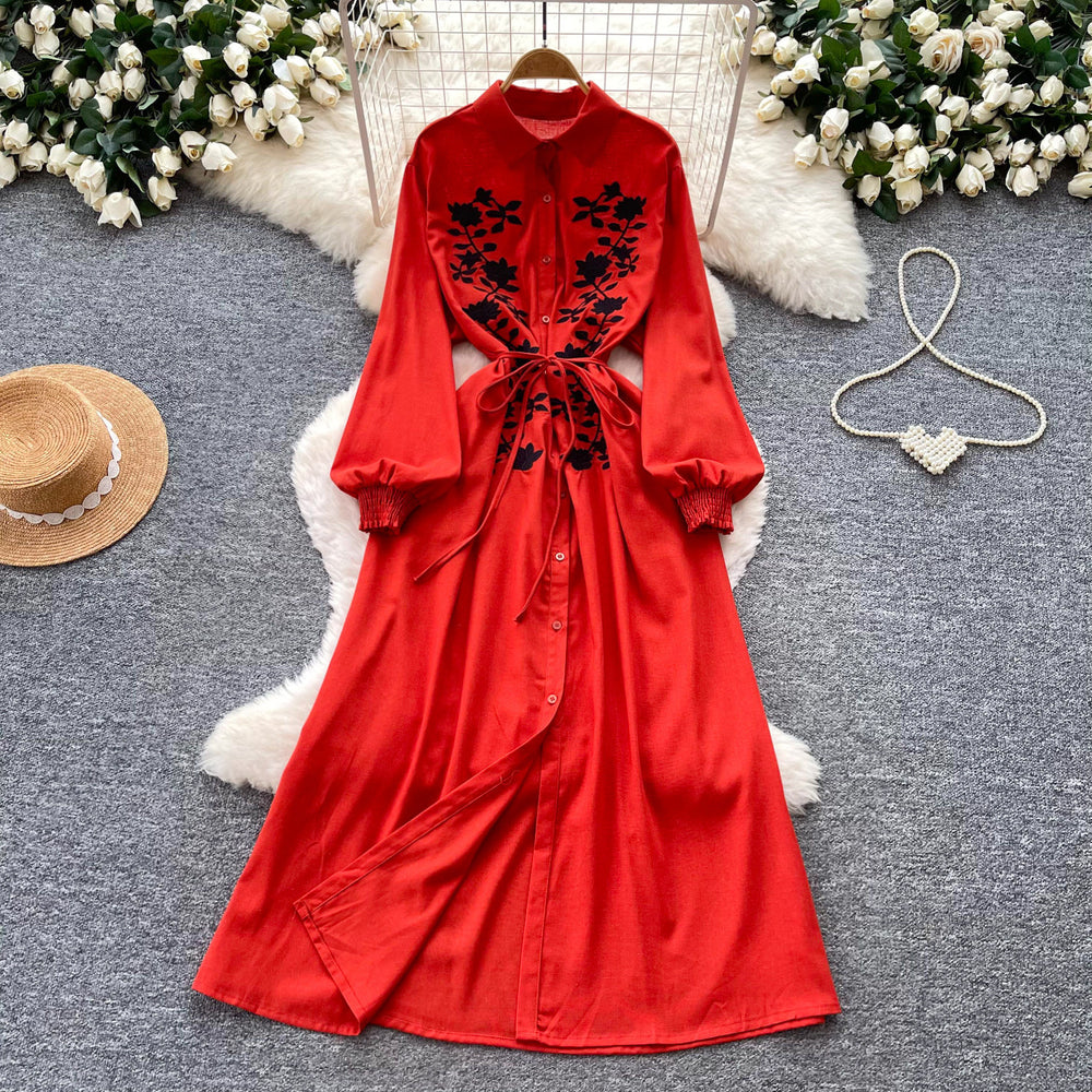 Retroartsyembroider silm type dress women's summerlong sleeves lapel waist a-line skirt slimming lookelegant long skirt