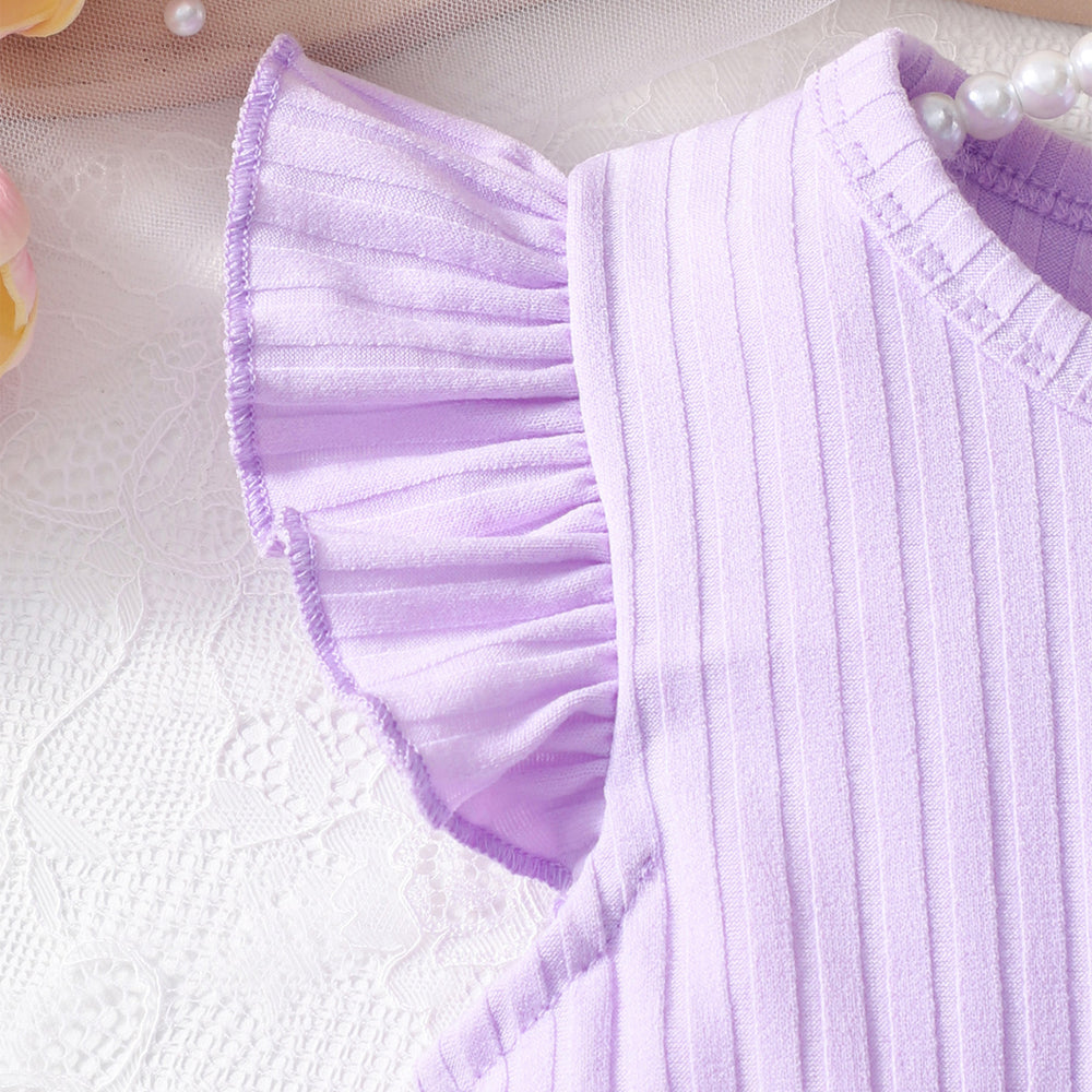 Girls' dress for toddlers and young children, flutter sleeve ribbed knit patchwork mesh dress