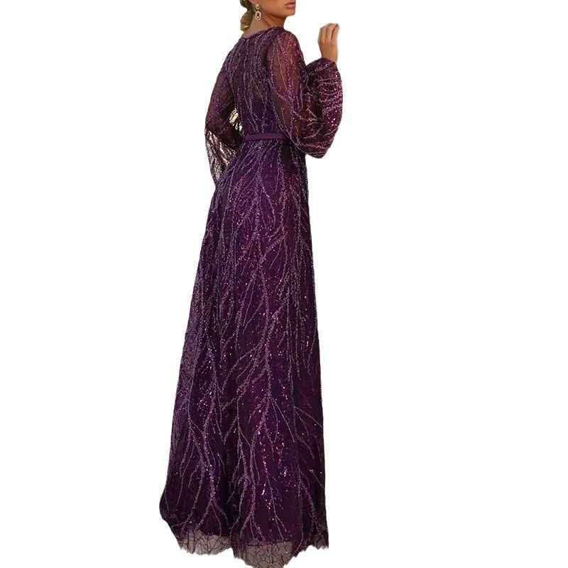 2025 cross-border fashion sequin dress - minimalist v-neck tassel beaded tie-up maxi party dress